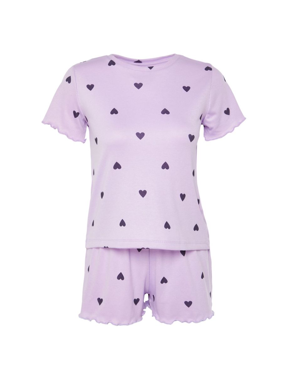 Lilac Heart Slogan Printed Rubber Detailed Corded Knitted Pajama Set - 6