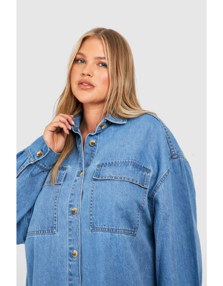 Plus Denim Oversized Shirt Dress - mid blue - 3