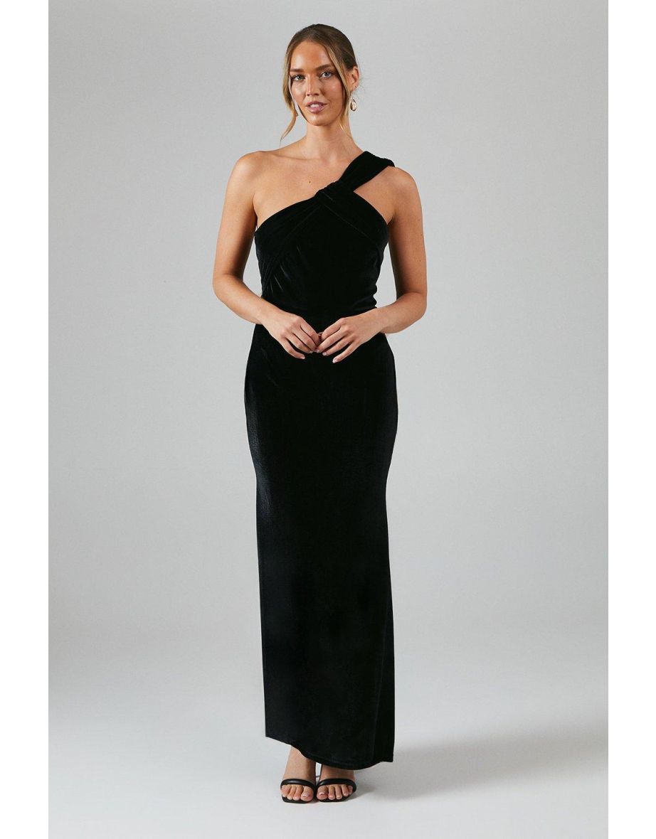 One Shoulder Twist Detail Velvet Maxi Bridesmaids Dress