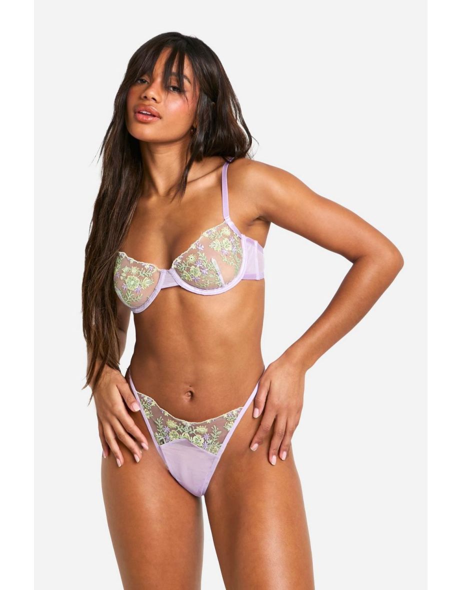 Lilac Floral Detail Thong And Balcony Bra Set