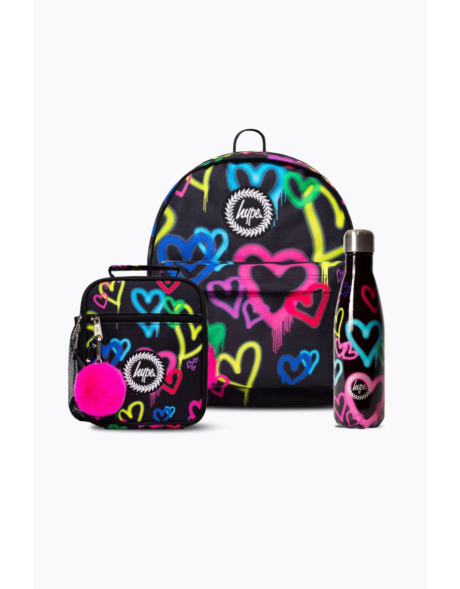 Shop HYPE GIRLS BLACK GRAFFITI HEARTS BACKPACK LUNCHBAG BOTTLE BUNDLE Online in Qatar VogaCloset