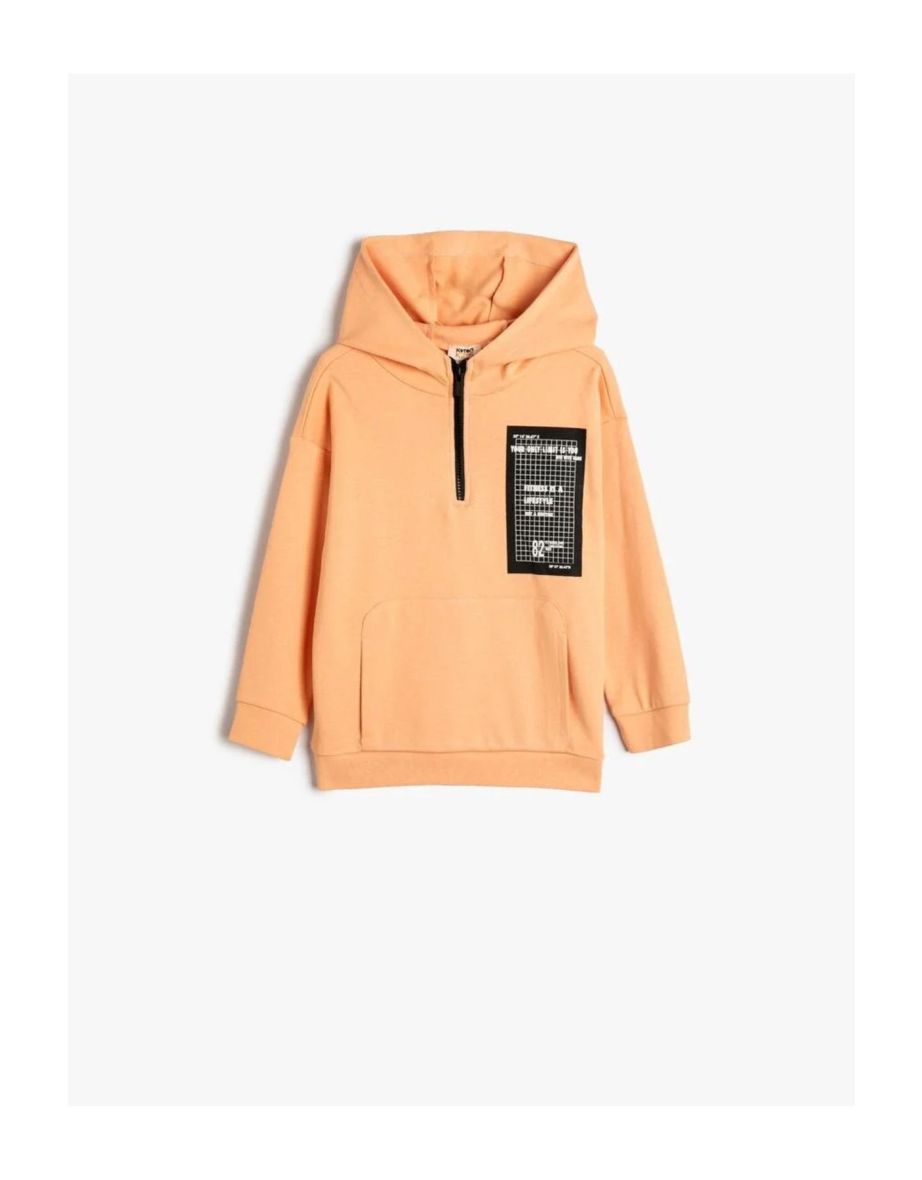Hooded Sweatshirt Kangaroo Pocket Half Zipper Print Detailed Cotton