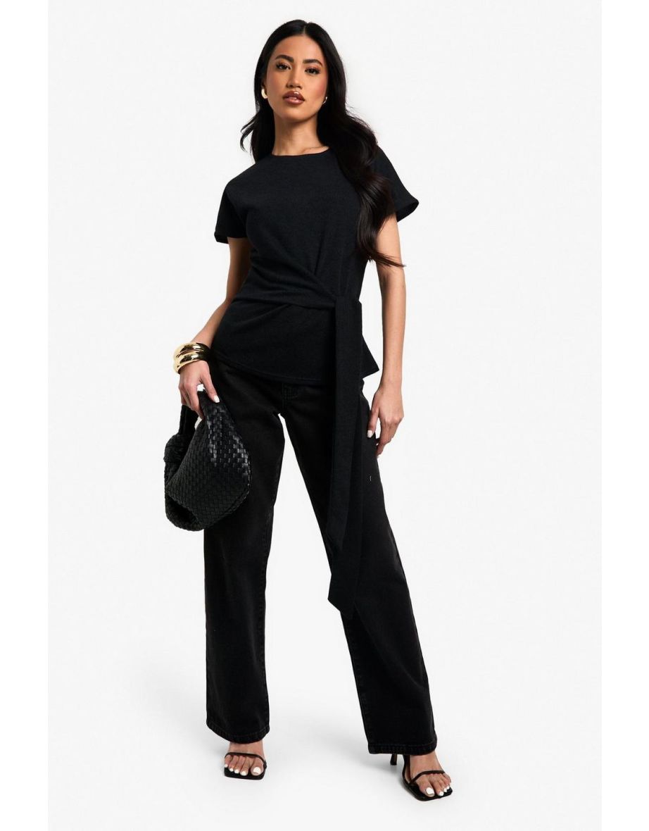 Textured Knot Front T Shirt - black