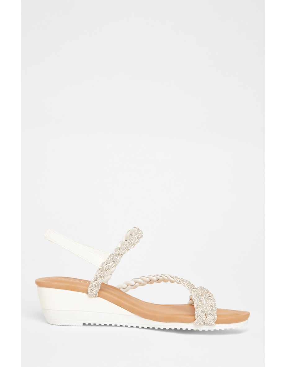 Silver Diamante Low Wedge Sandals - 4