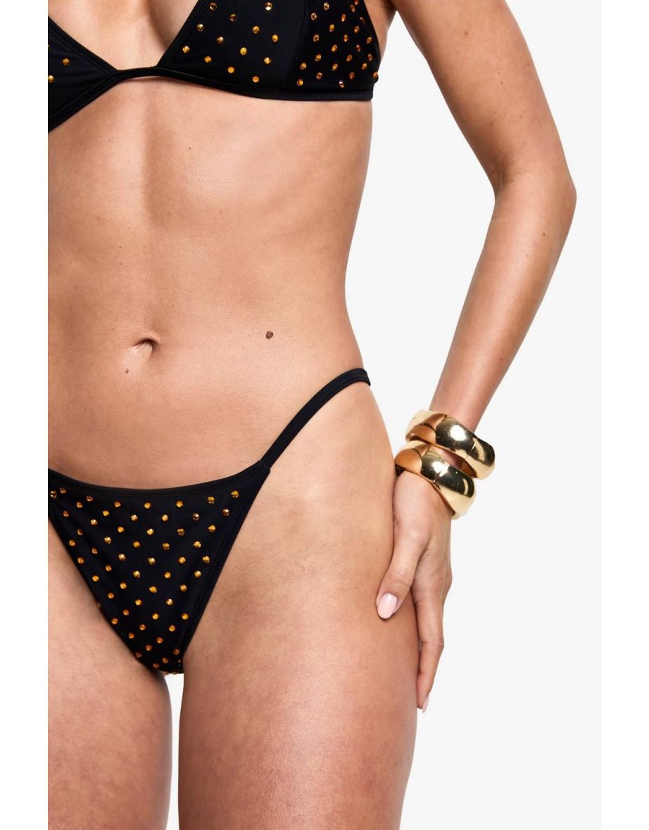 Premium Swim Hot Fix Diamante Tanga Bikini Bottoms - black - 3