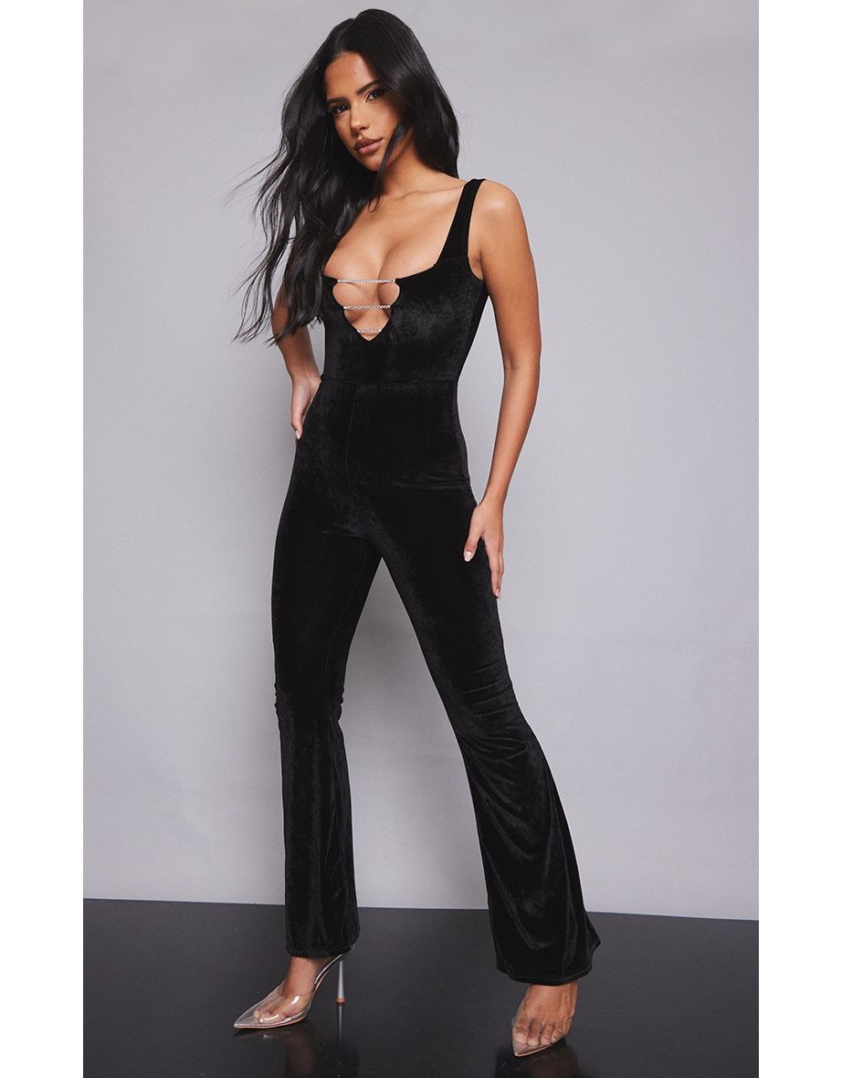 Black Diamante Strap Detail Plunge Velvet Jumpsuit