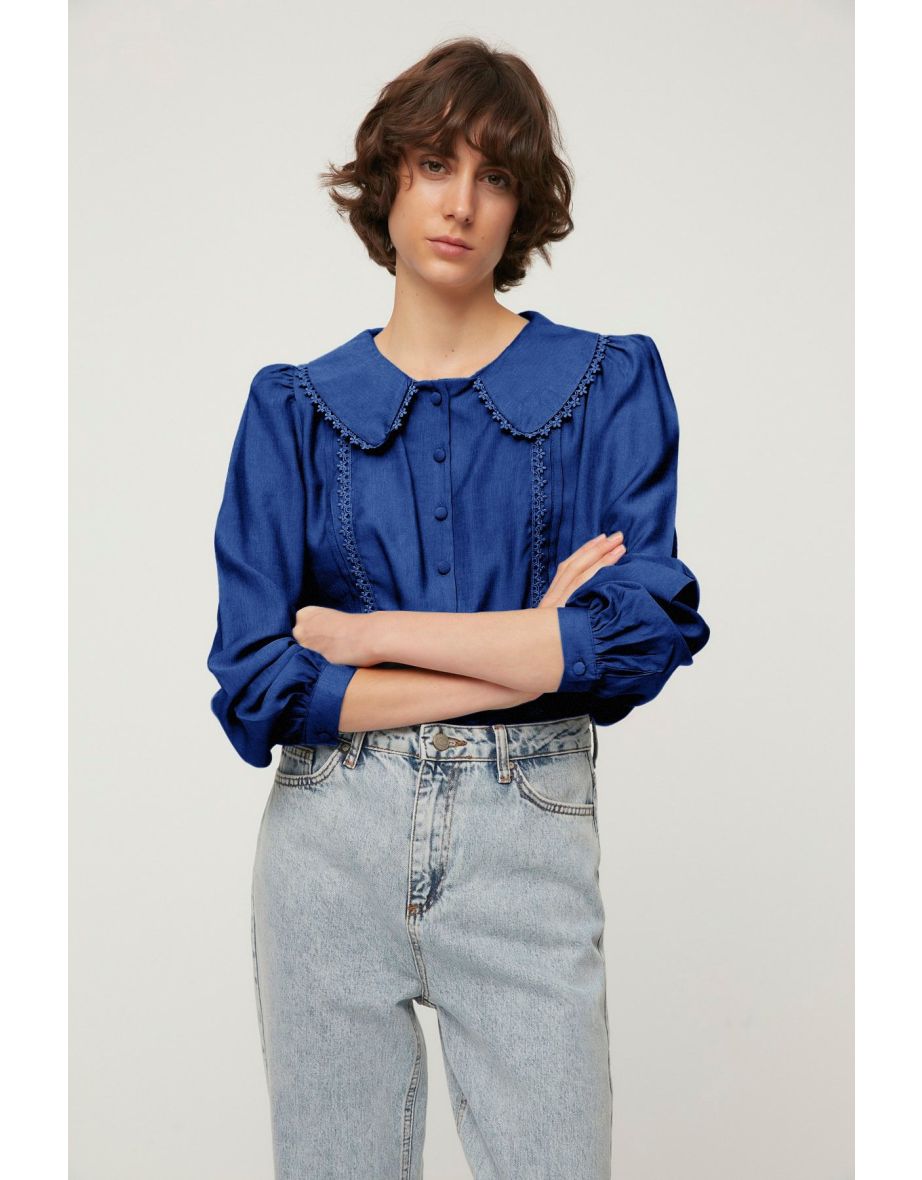 Dark Navy Blue Lace Detailed Woven Shirt