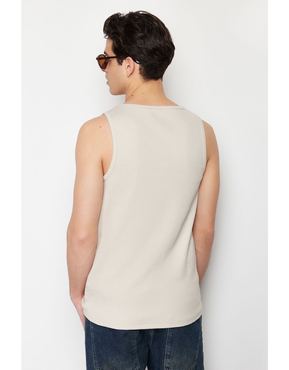 Beige Men's Slim/Narrow Cut Corded Basic Sleeveless T-Shirt/Singlet - 7