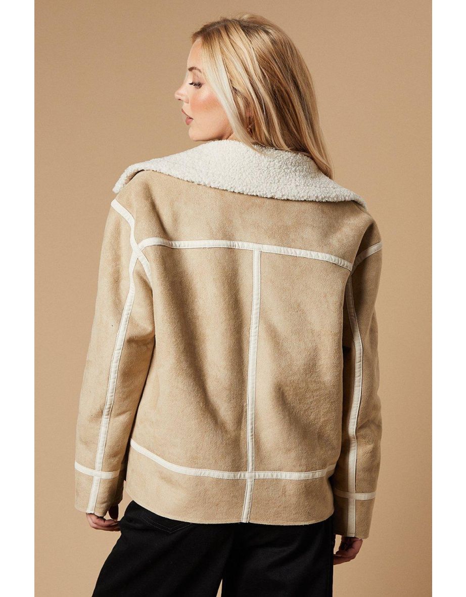 Zip Detail Suedette Aviator Jacket - 3