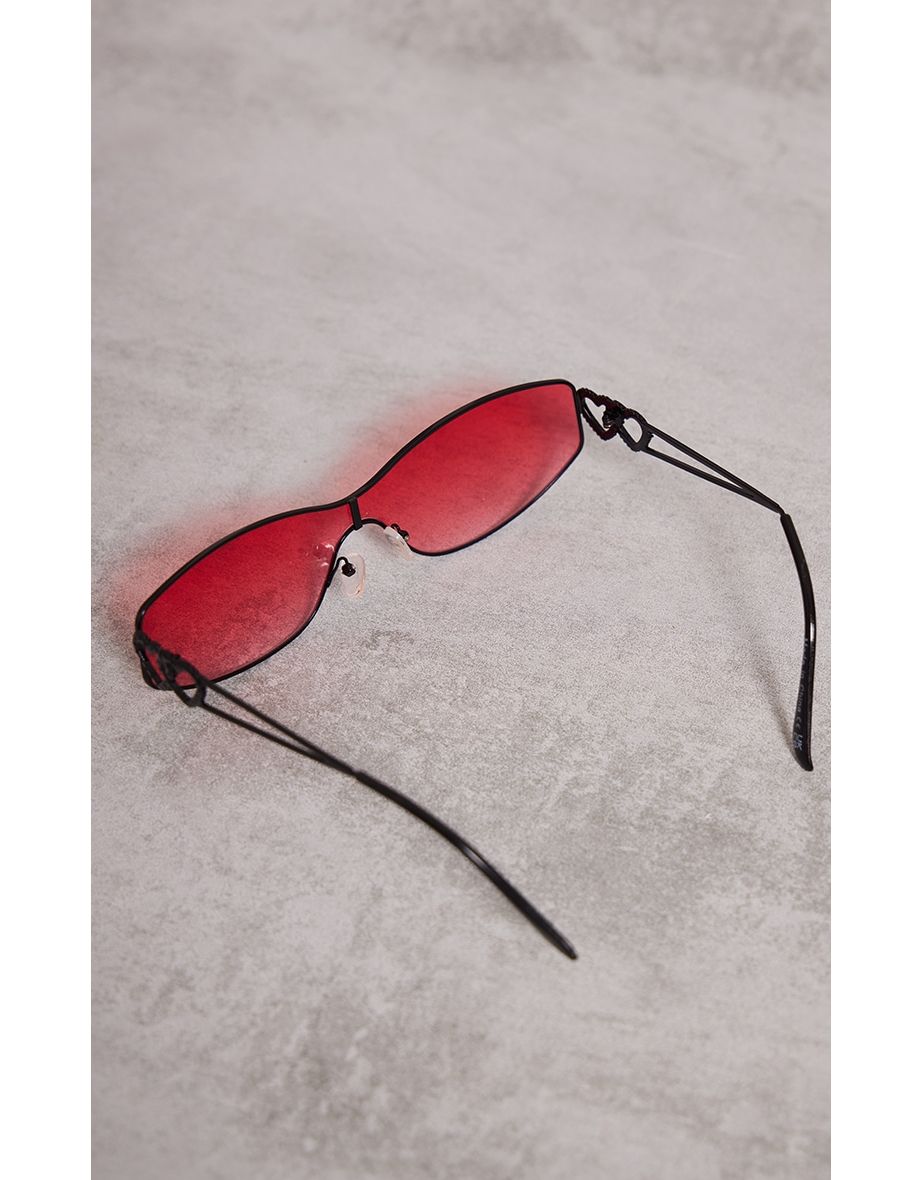 Black Diamante Heart Red Lens Visor Sunglasses - 2