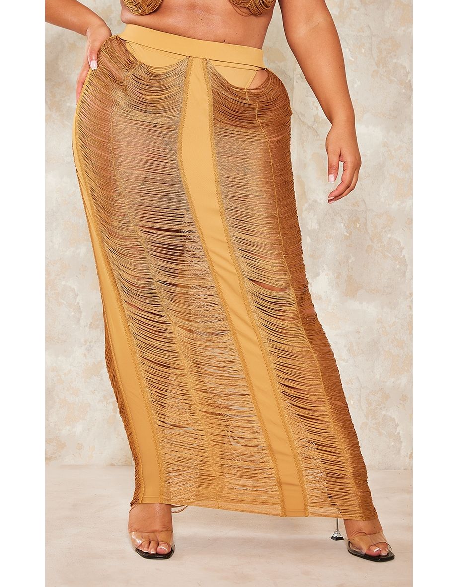 Plus Camel Fringed Maxi Skirt