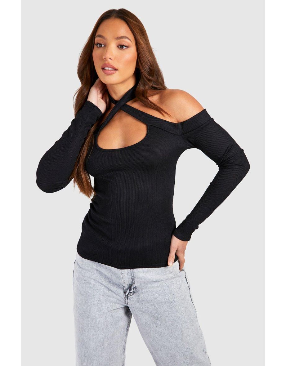Tall Rib Cut Out Halter Neck Longsleeve Top - black