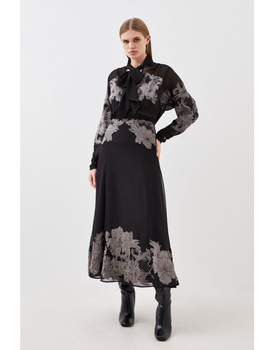 Velvet Applique Satin Woven Maxi Dress