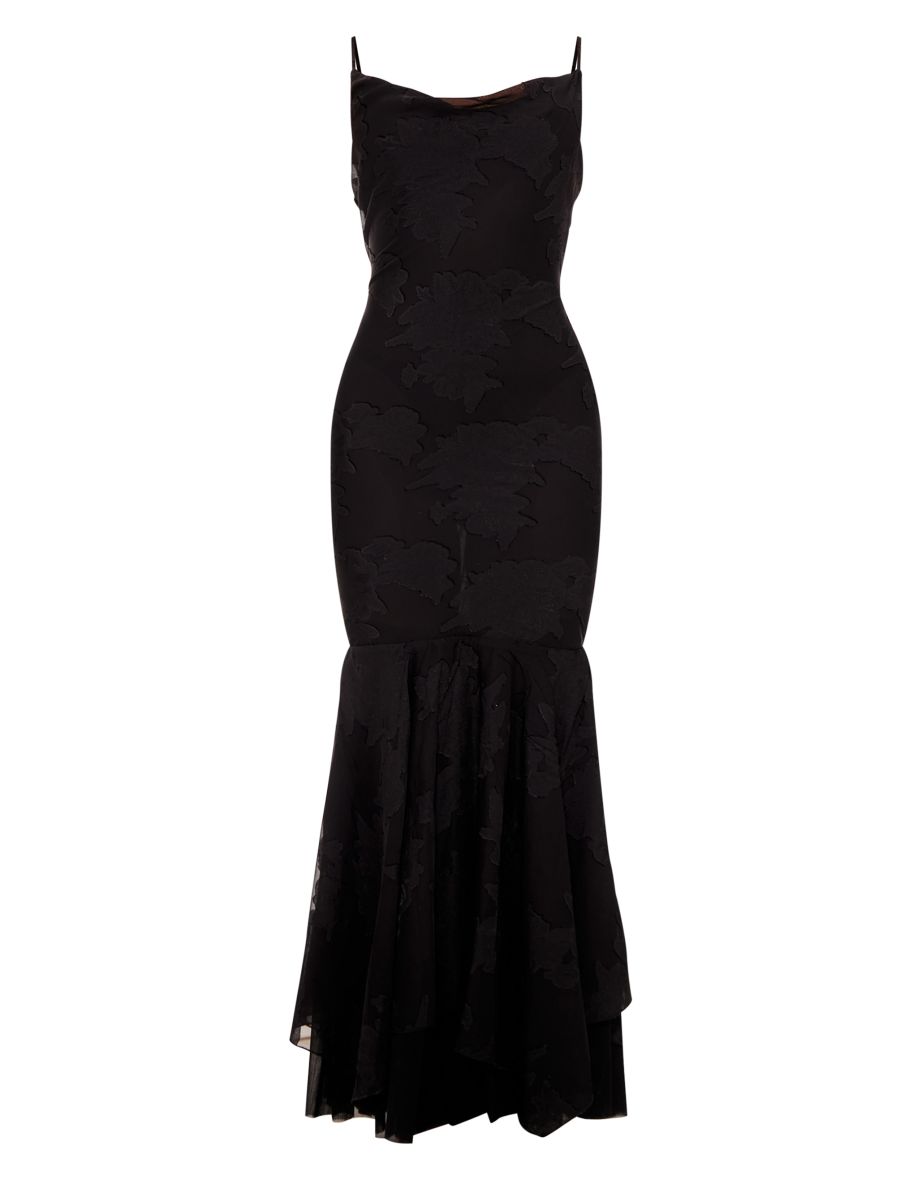 Black Floral Devoure Cowl Neck Frill Hem Maxi Dress - 4