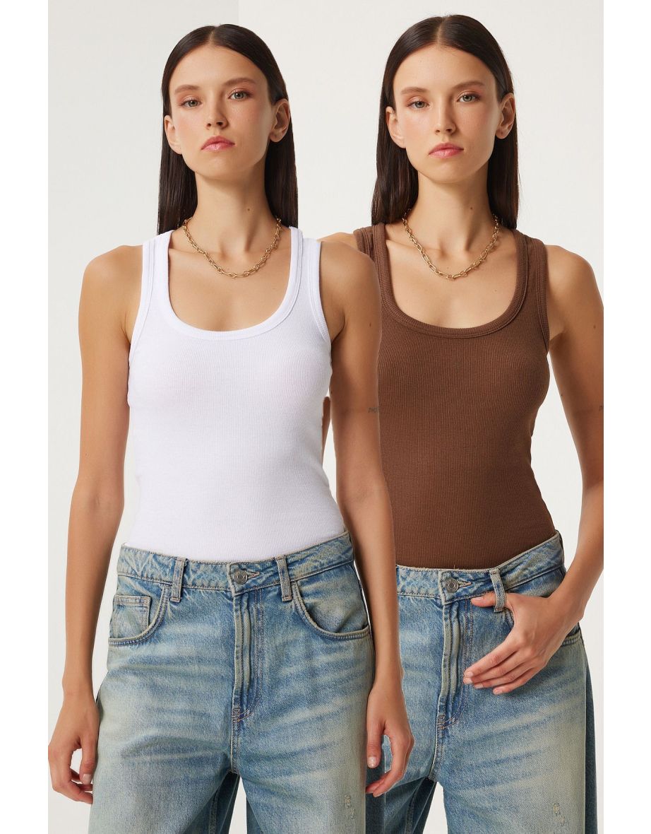 Women's Brown White 2-Piece Ribbed Thick Strappy Knitted Undershirt