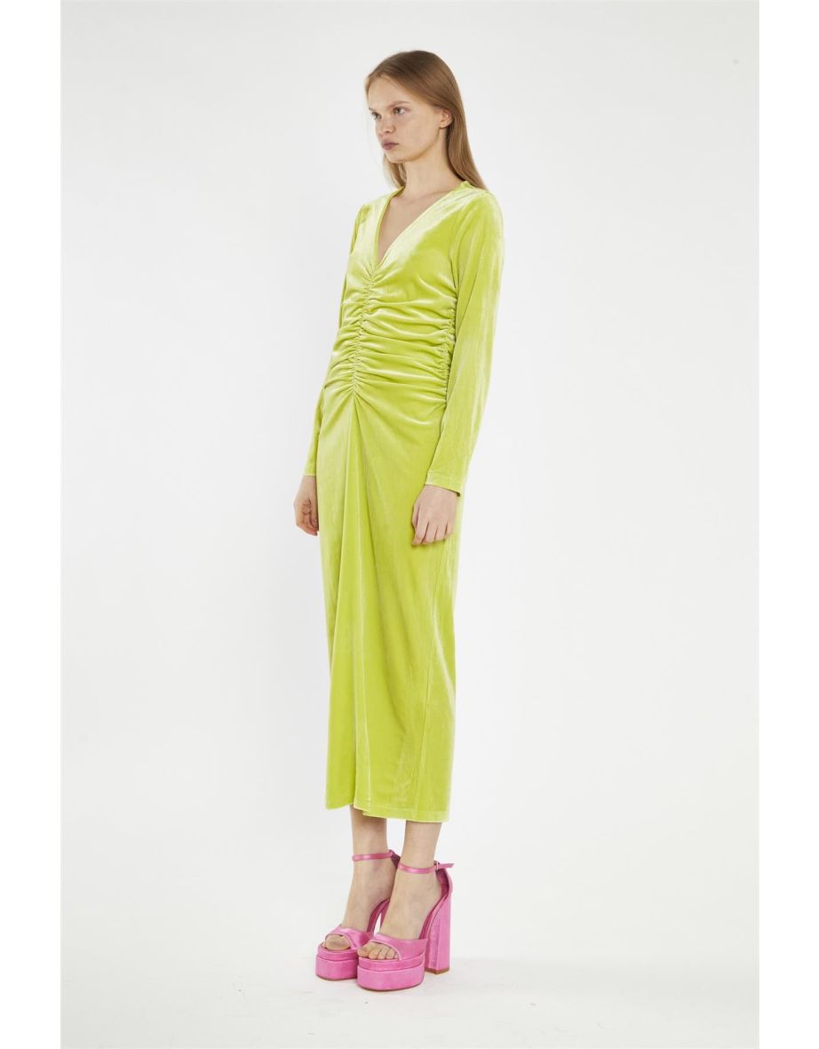 Lime-Green Velvet Ruched-Front Midi-Dress - 3