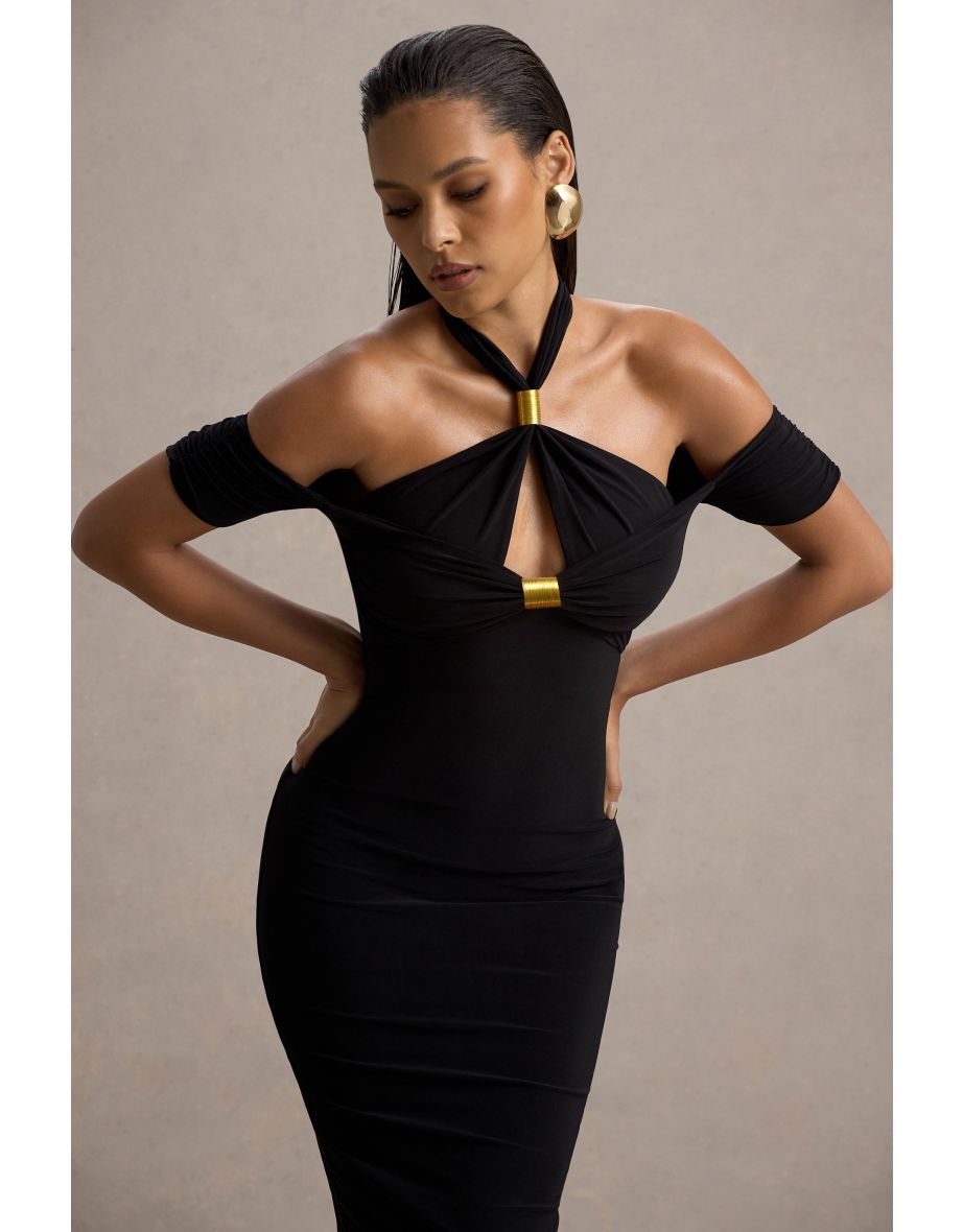 Selvina | Black Cut-Out Halter-Neck Midi Dress - 4