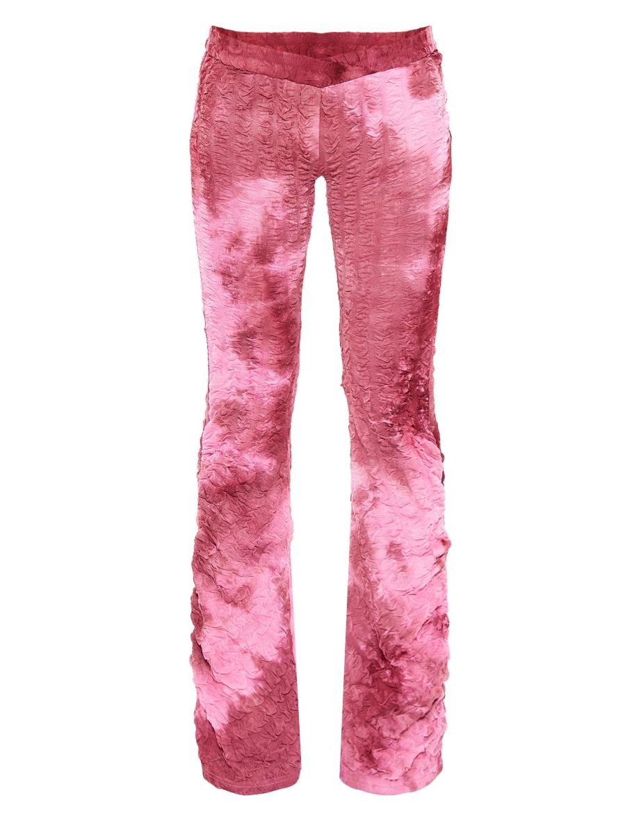 Pink Printed Textured Mesh Dip Waist Flares - 4