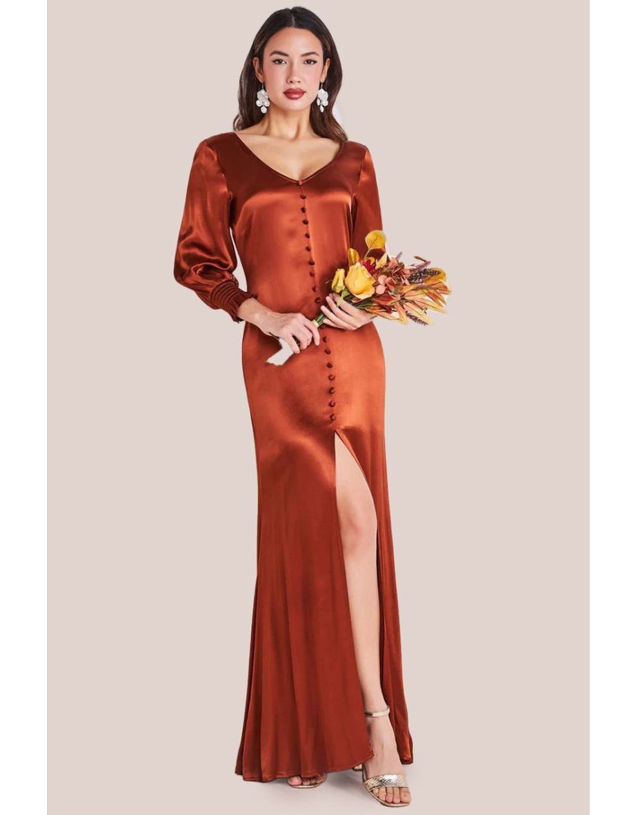Goddiva Satin Viscose Front Split Maxi - Brown