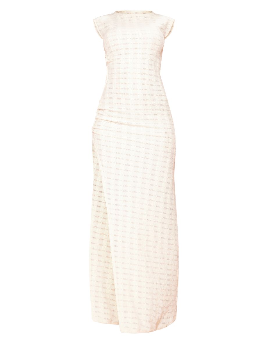 Cream Textured Jersey Boat Neck Ring Detail Maxi Dress - 4