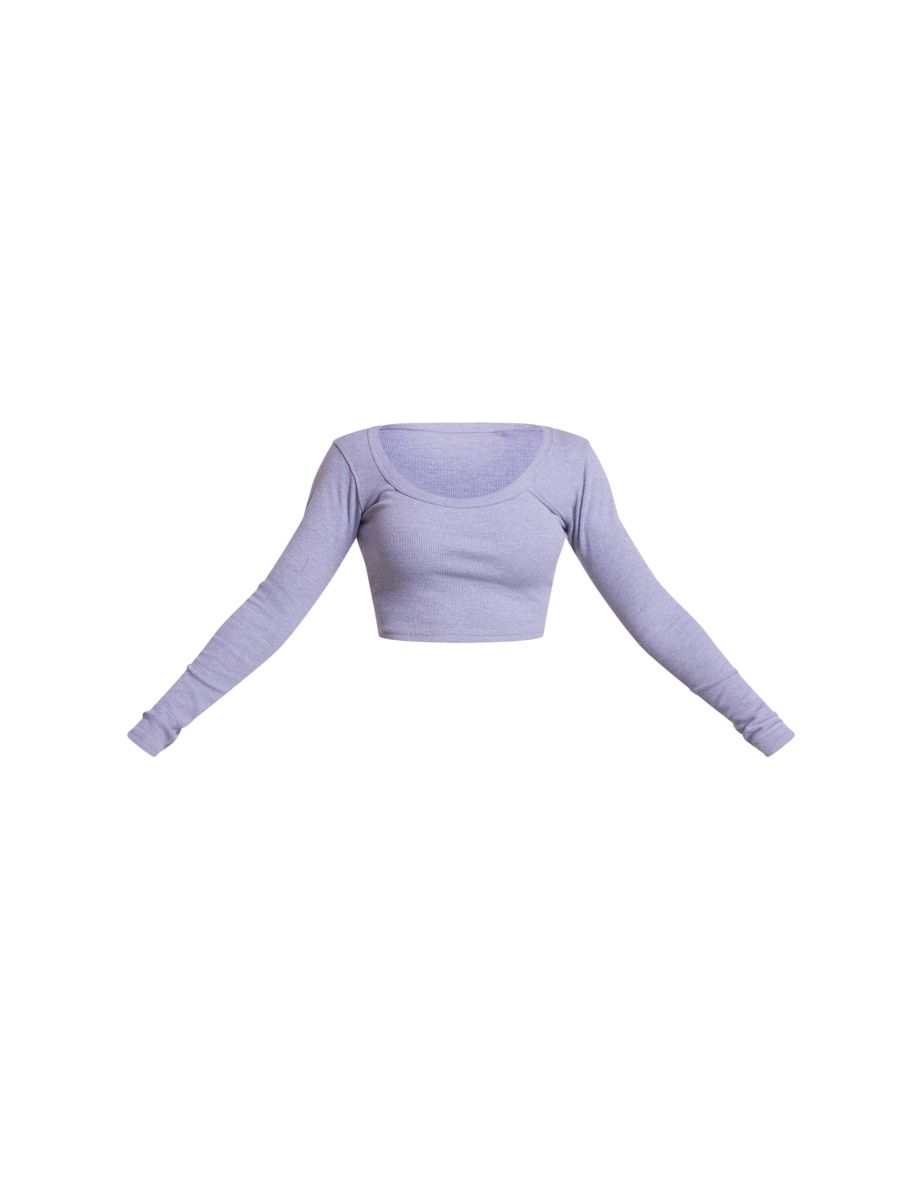 Grey Rib Scoop Neck Long Sleeve Crop Top - 4
