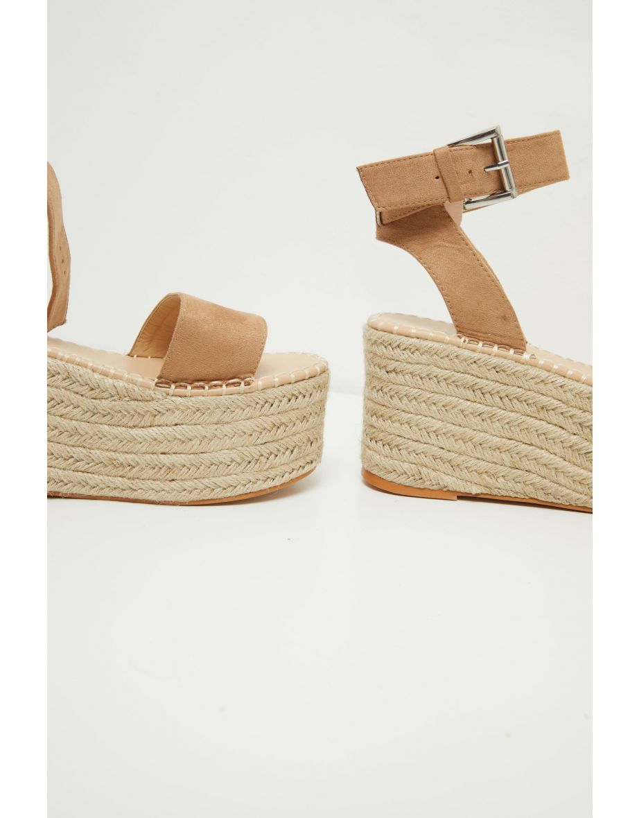Tan Buckle Ankle Strap Flatform Espadrille Sandal - 3