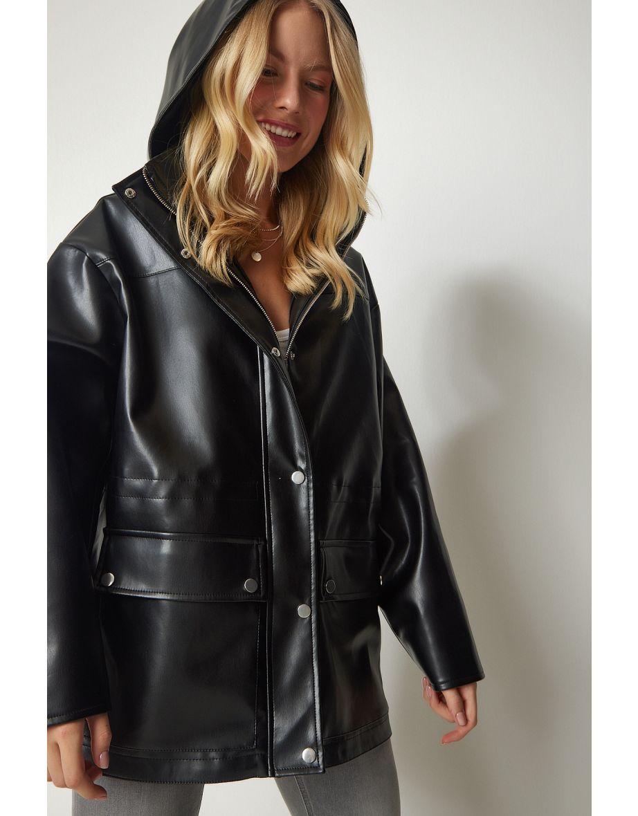 Women's Black Hooded Faux Leather Coat with Pocket