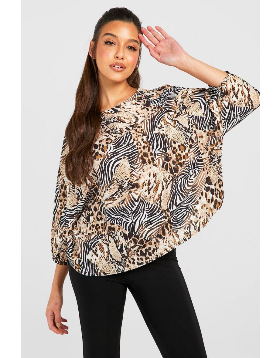 Mixed Animal Print Batwing Sleeve Blouse - chocolate