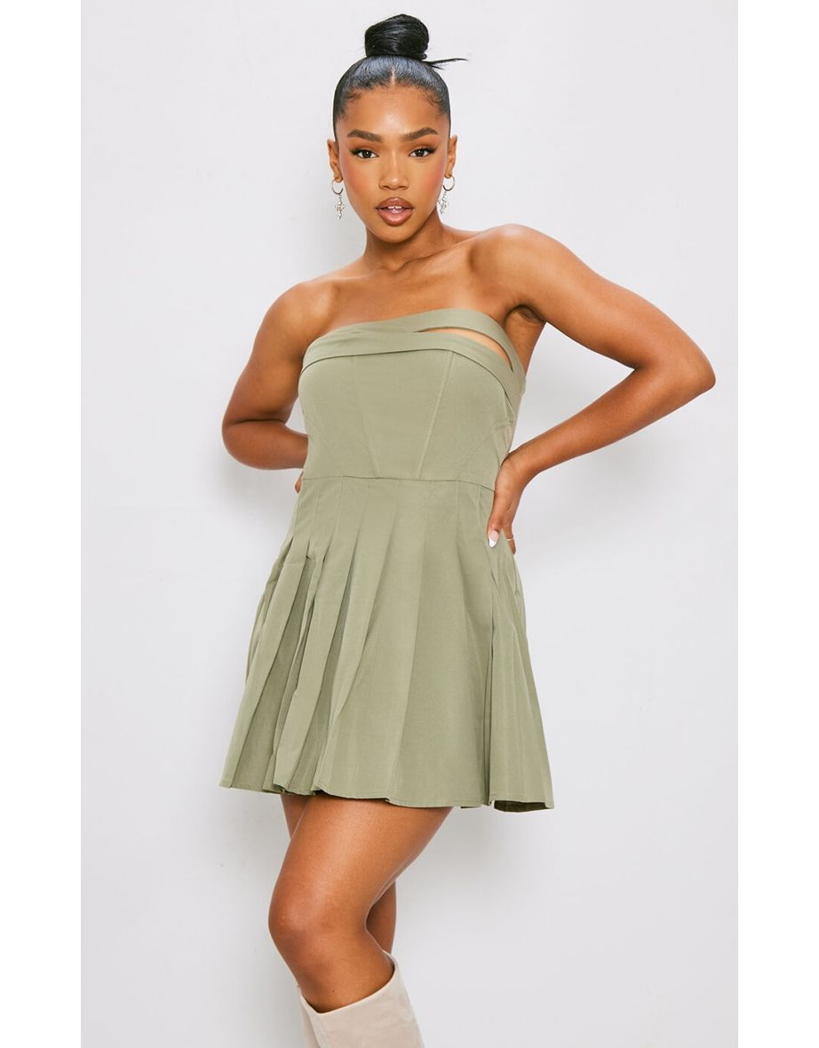 Shop Khaki Tailored Bandeau Pleated Shift Dress Online in Oman VogaCloset