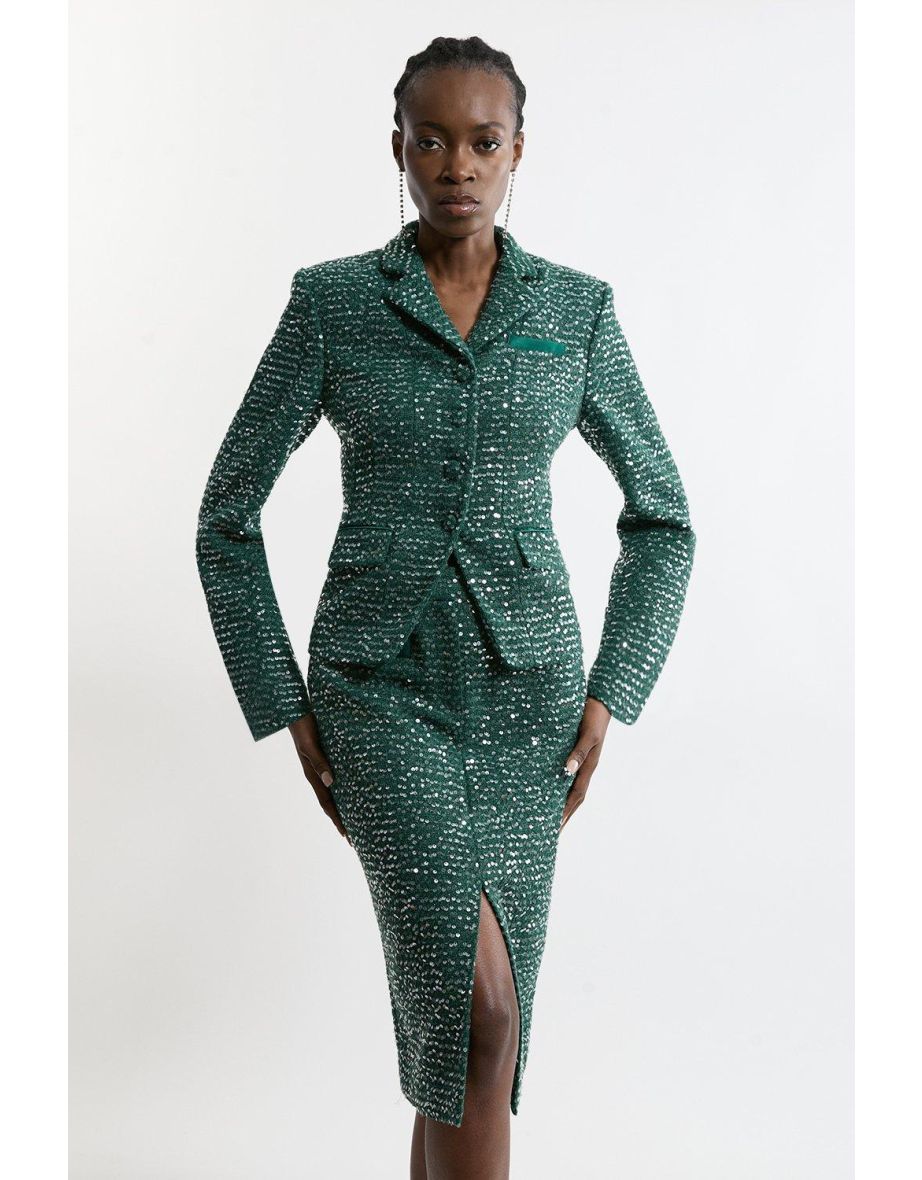 Tailored Sequin Tweed Midi Skirt