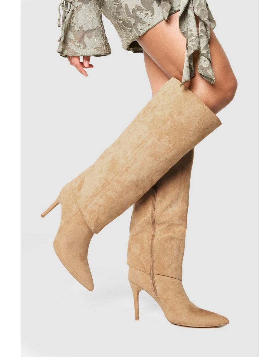 Foldover Pointed Heeled Knee High Boots - taupe