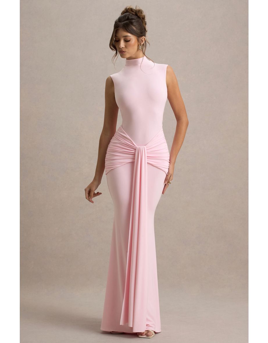 Graziana | Pink High-Neck Gathered Draped Maxi Dress