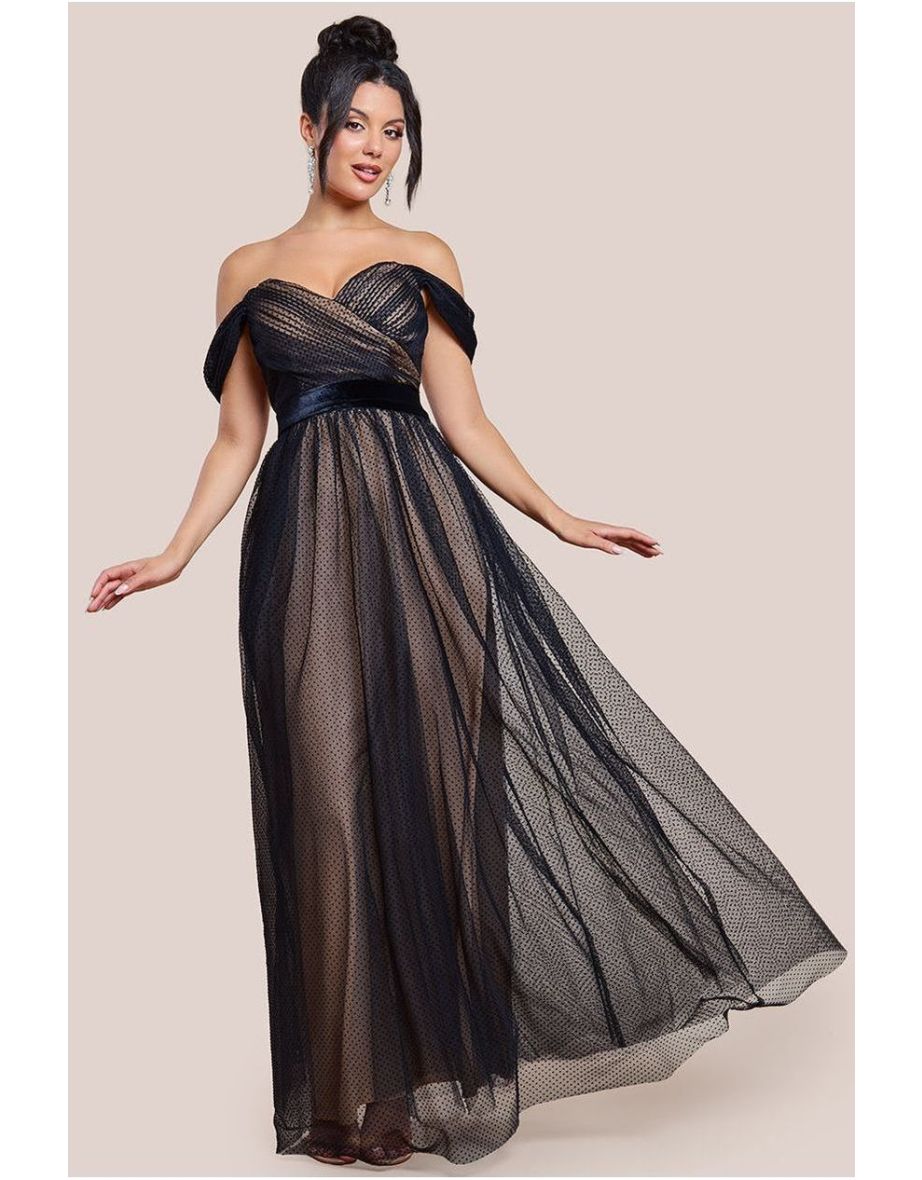 Goddiva Dobby Mesh Off The Shoulder Princess Maxi Dress - Black