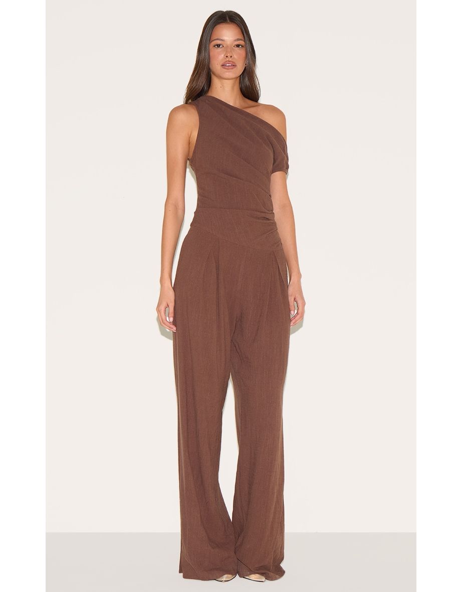 Chocolate Twist Sleeve Linen Ruched One Sleeve Jumpsuit