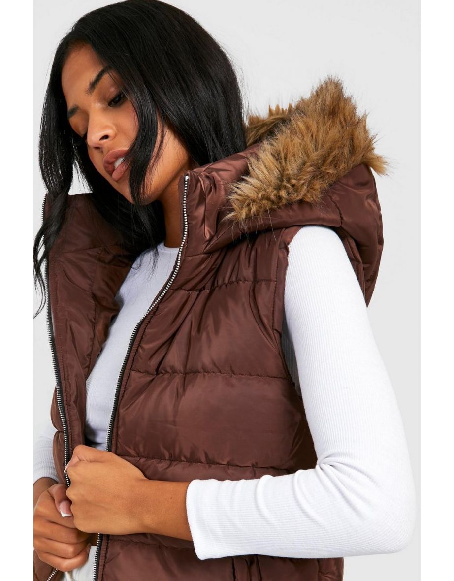 Tall Faux Fur Trim Gilet - chocolate - 3