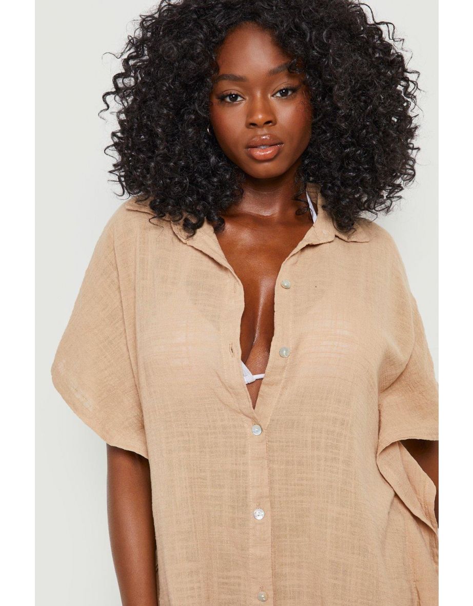 Linen Button Front Batwing Beach Kaftan Shirt - sand - 3