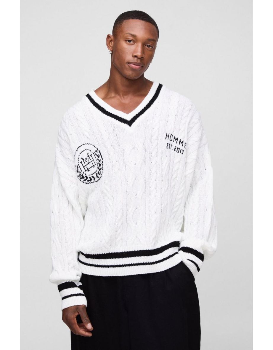 Oversized V Neck Varsity Jumper - ecru