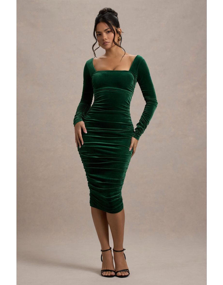 Seductress | Bottle Green Velvet Square Neck Bodycon Midi Dress With Long Sleeves