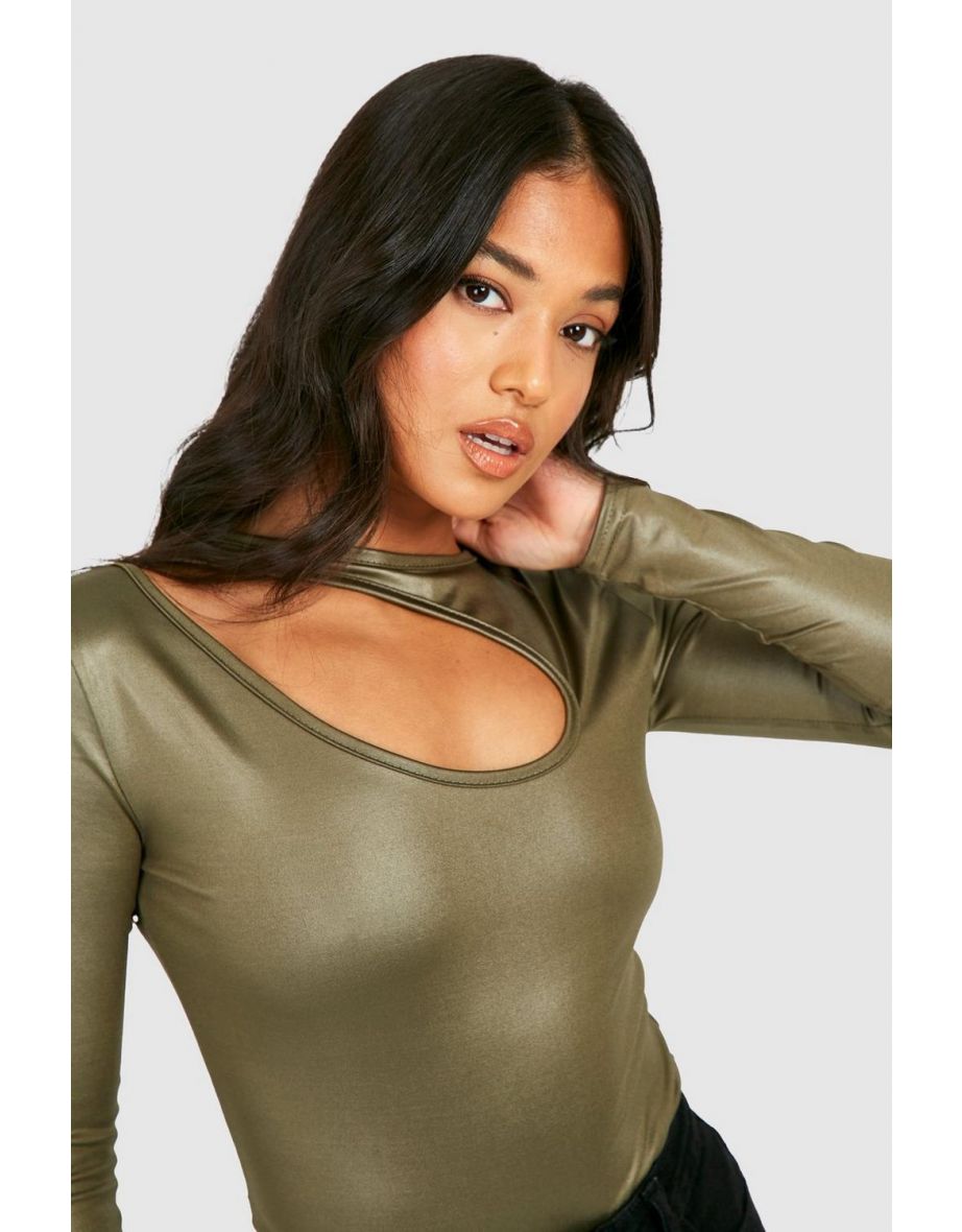 Petite Wet Look Cut Out Long Sleeve Bodysuit - khaki - 3