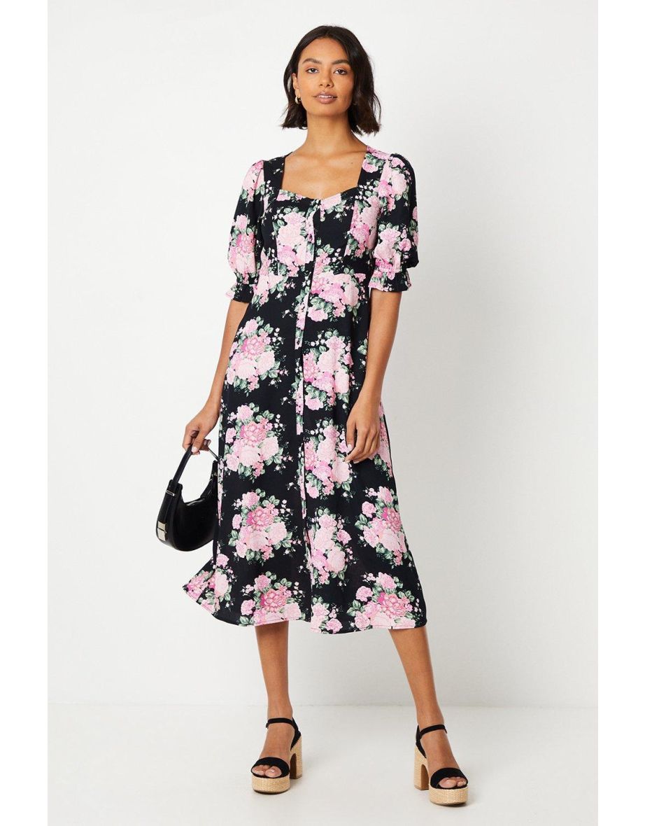 Black Floral Scoop Neck Shirt Dress