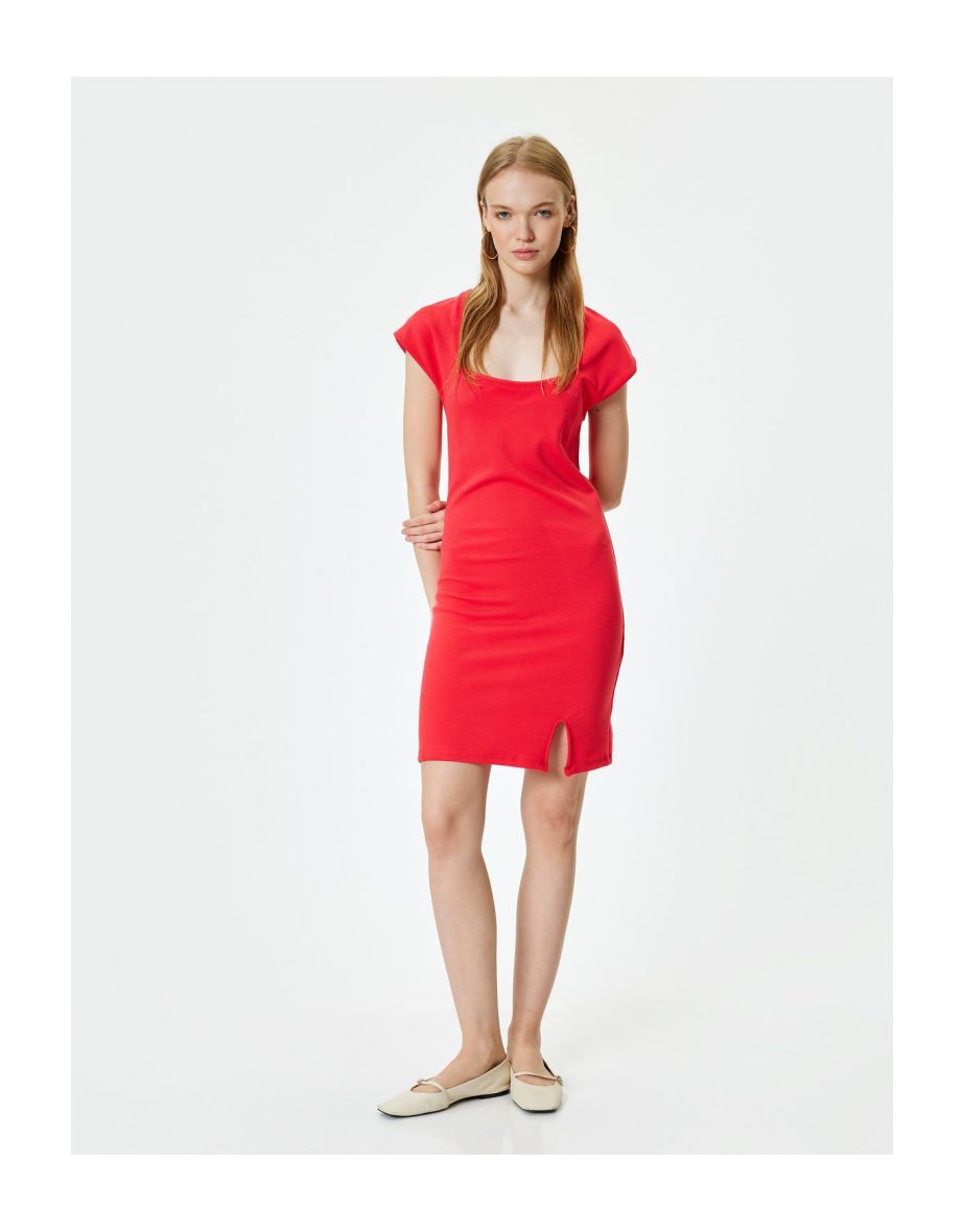 Short Sleeve Mini Dress with Slit Detail Square Collar