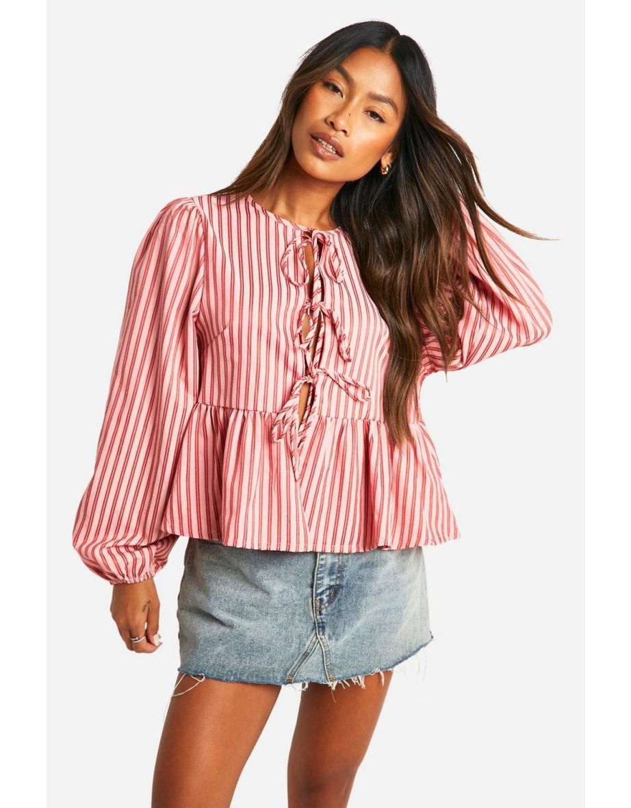 Pink And Red Stripe Tie Front Puff Long Sleeve Smock Top - pink