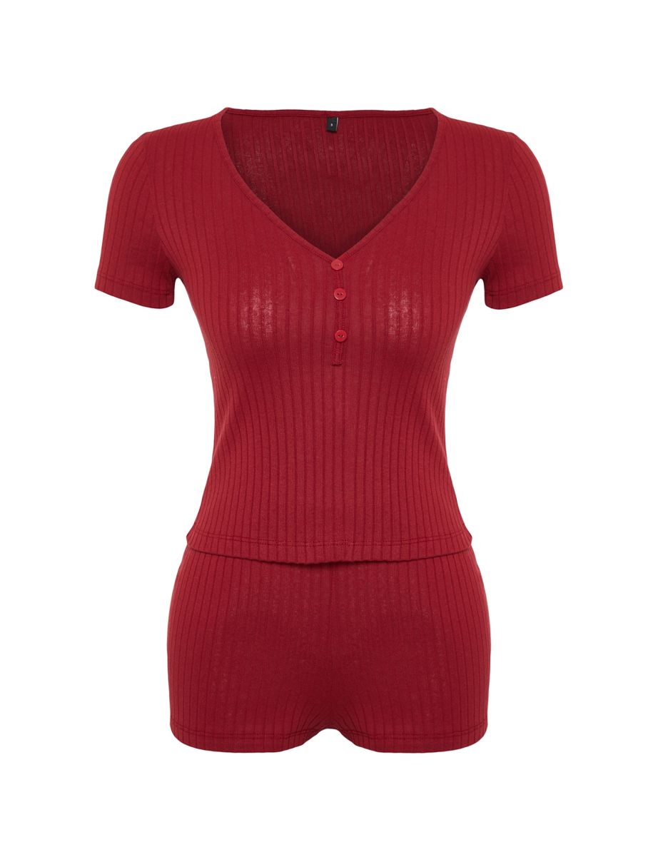 Burgundy Solid Button Camisole Knitted Pajamas Set - 8