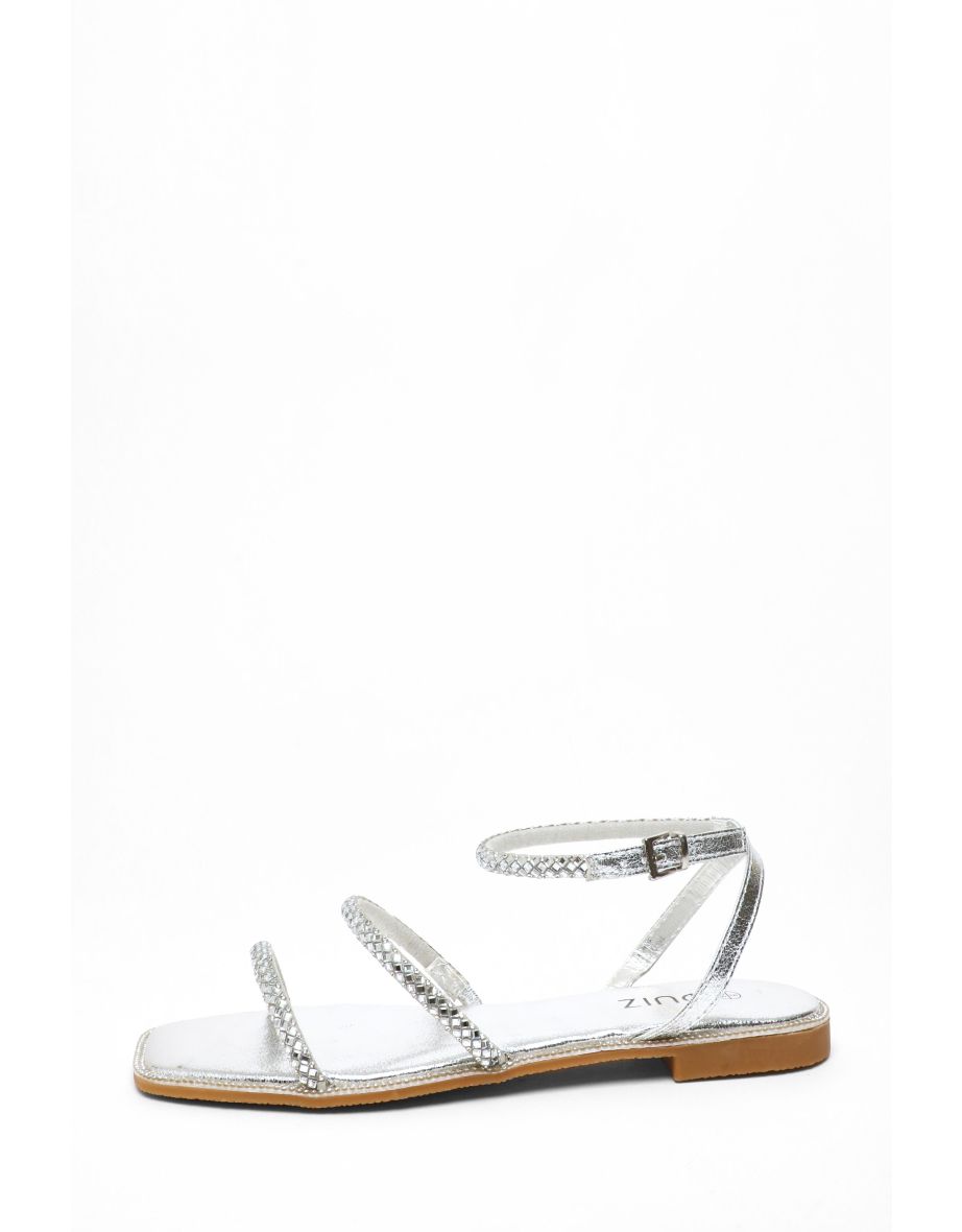 Silver Diamante Double Strap Flat Sandals - 4
