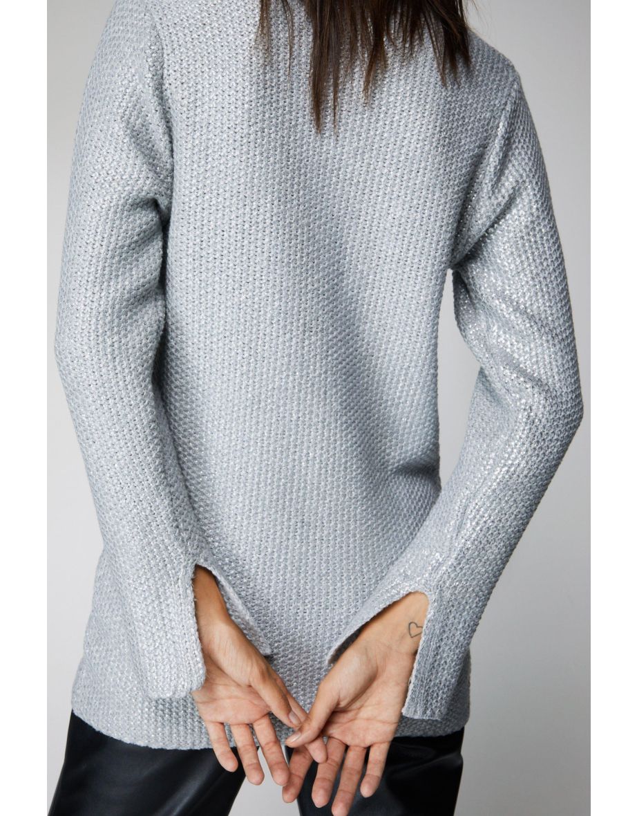 Silver Metallic Crew Neck Sweater - 3