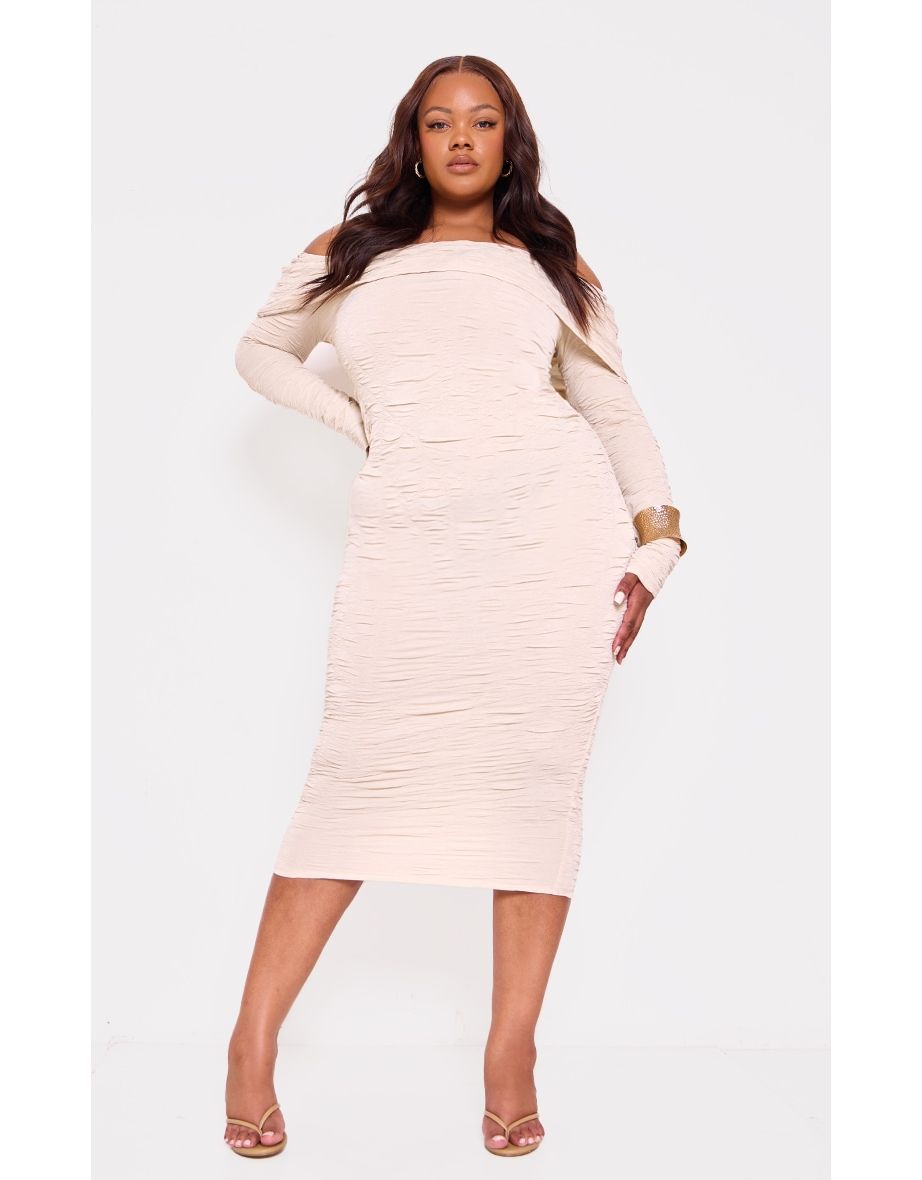 Plus Stone Textured Fold Over Bardot Dress
