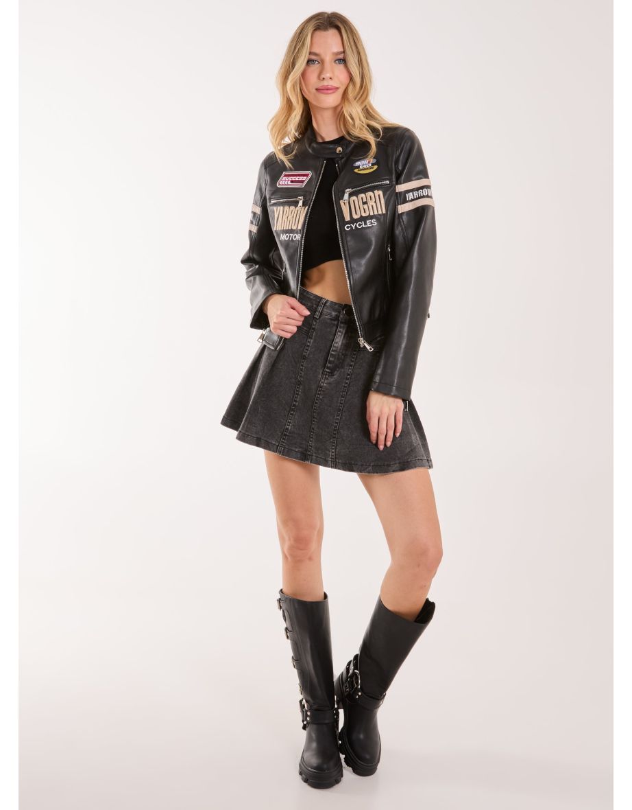 Denim Acid Wash Pleated Mini Skirt