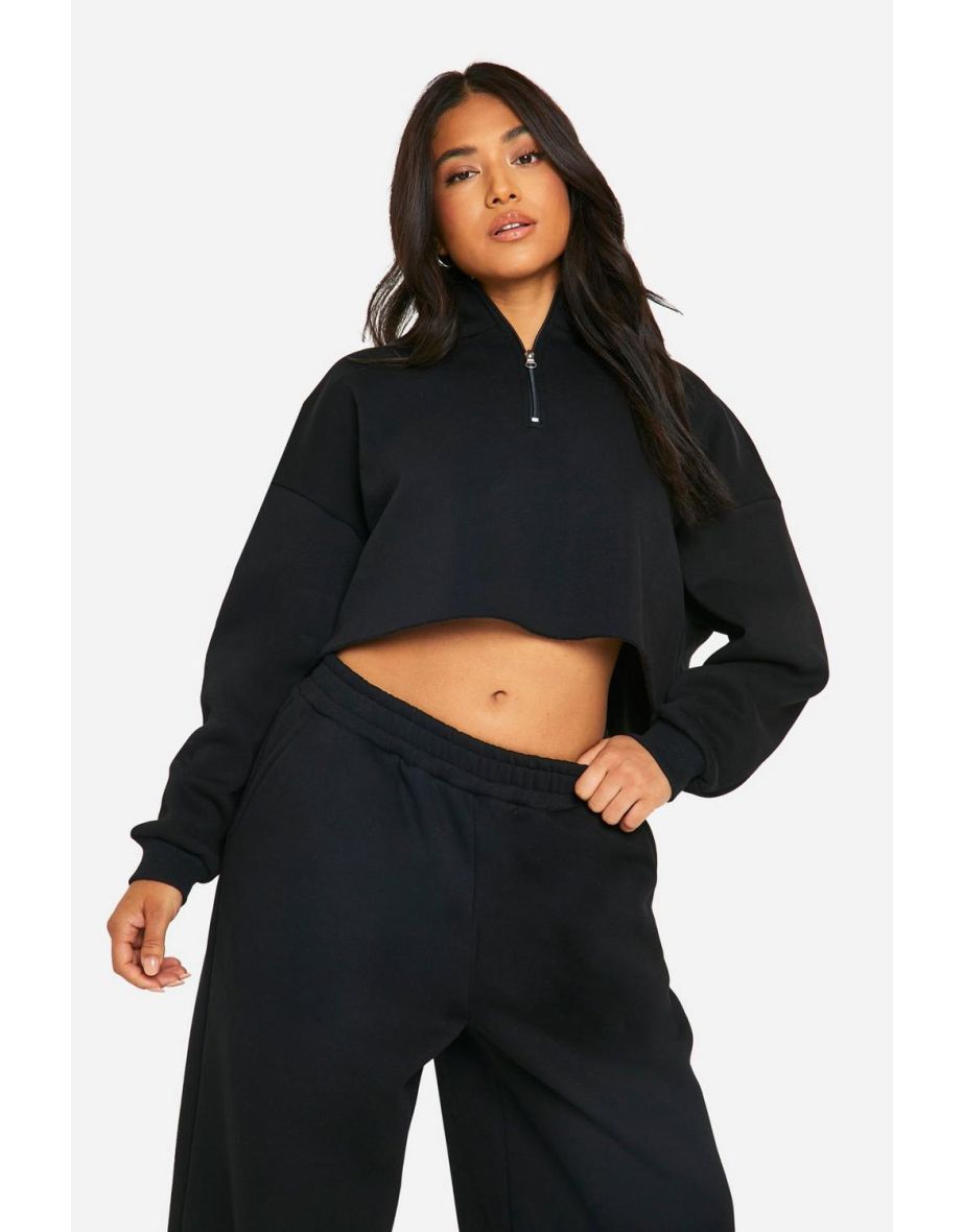 Petite Half Zip Cropped Sweatshirt Wide Leg Tracksuit - black - 3