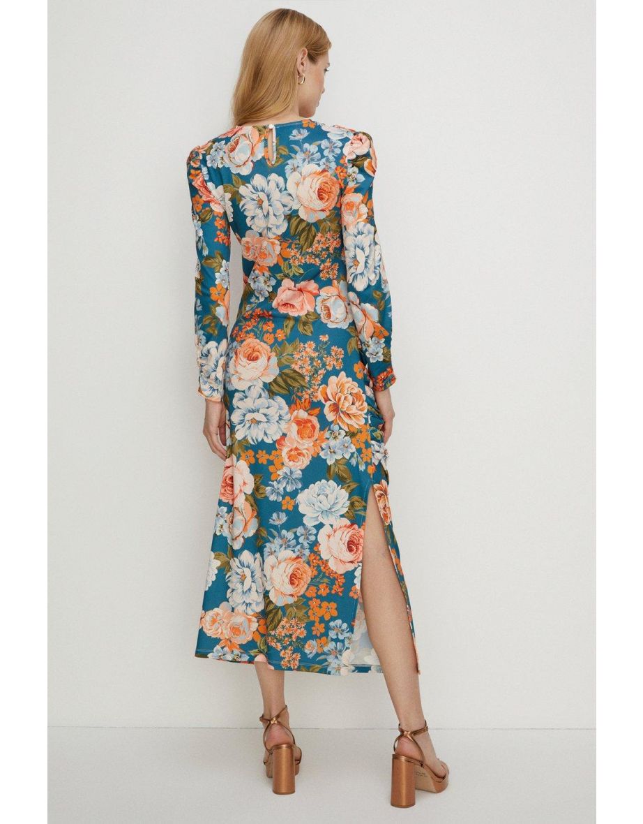 Tissue Crepe Floral Draped Split Midi Dress - 2