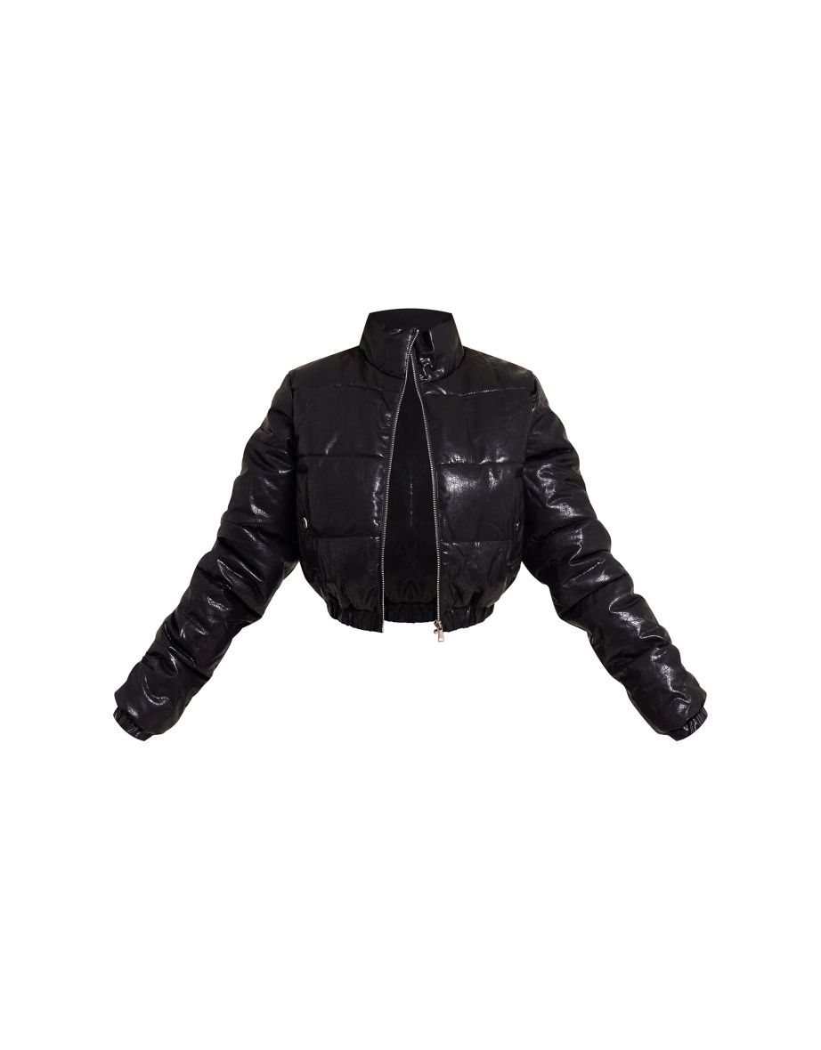 Black Textured Faux Leather Puffer Jacket - 4